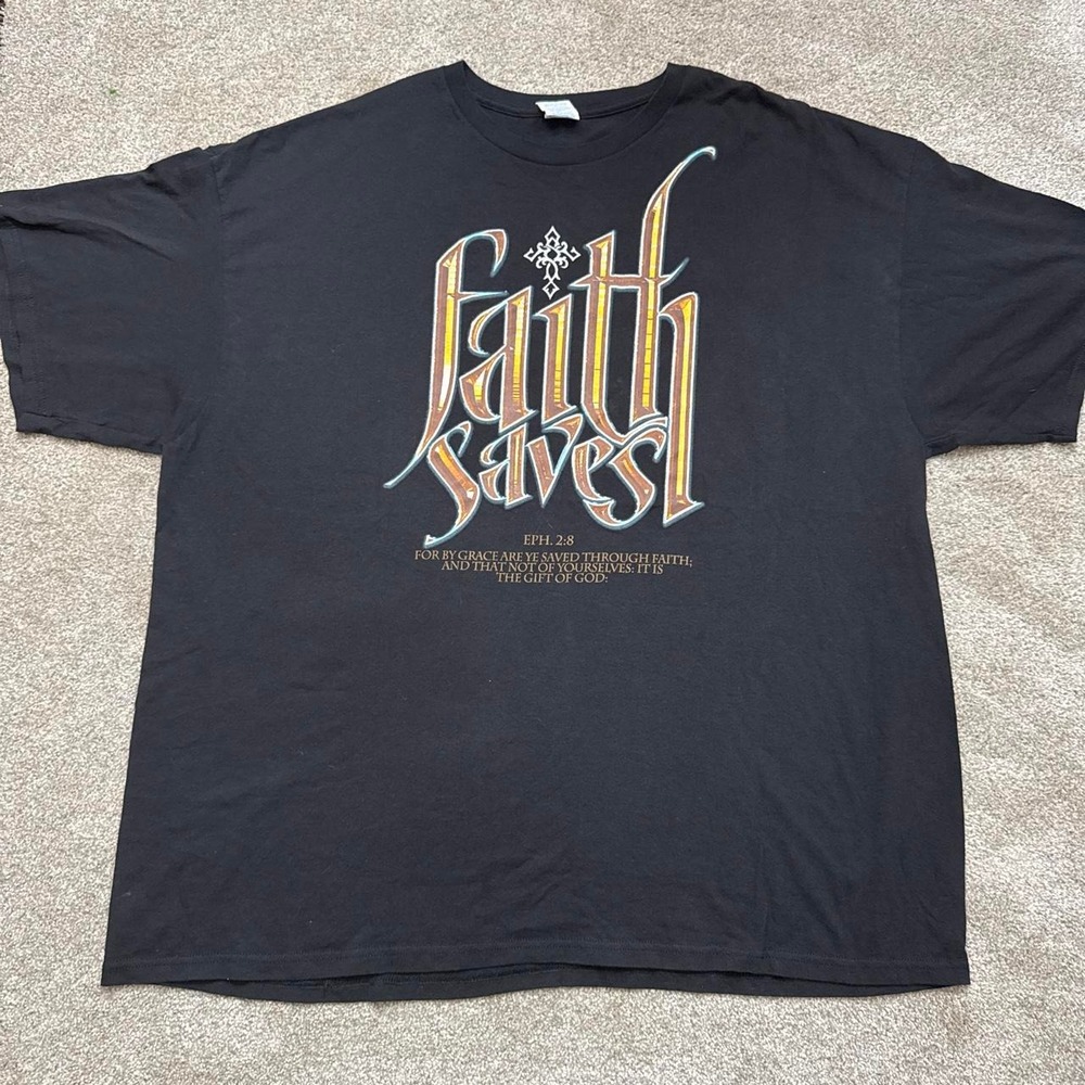 Faith Saves T-Shirt Black Gold White Cross Jesus Tee 3X Big & Tall
